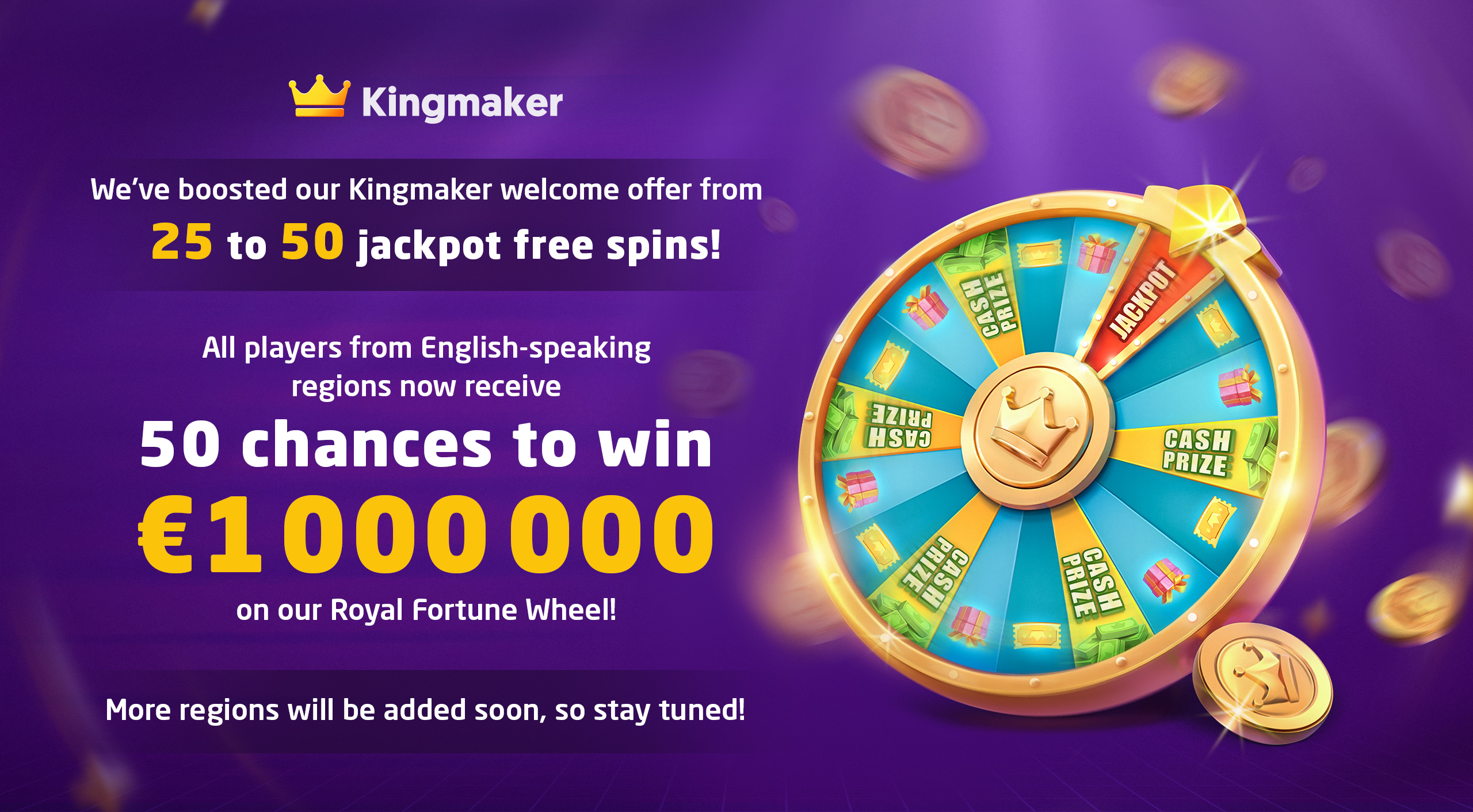 Kingmaker is updating its Welcome Offer with 50 Free Jackpot Spins!